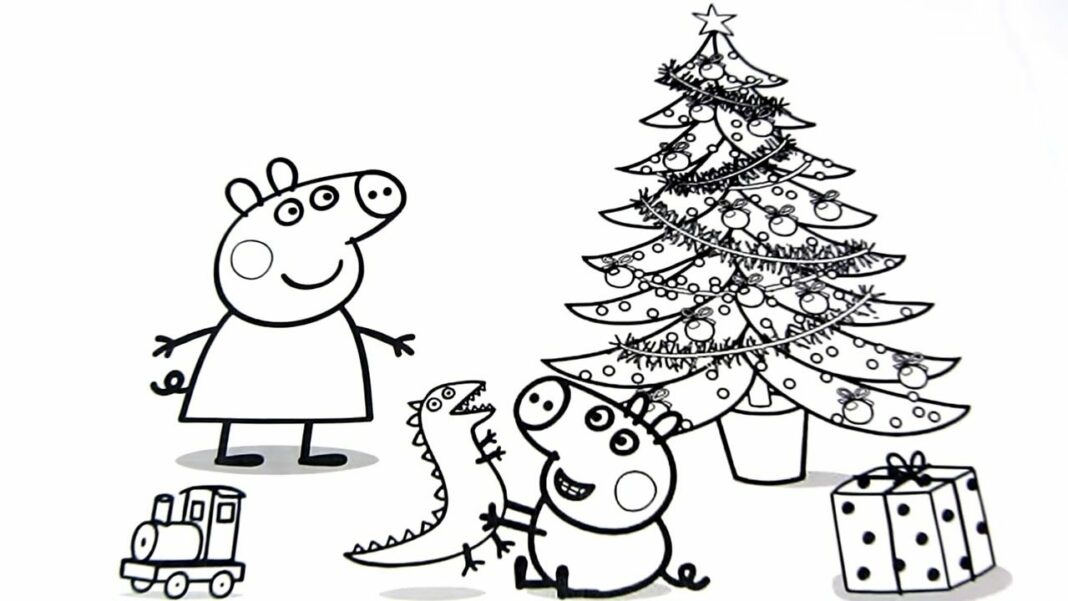 Online coloring book: Coloring page Peppa is dressing the Christmas tree